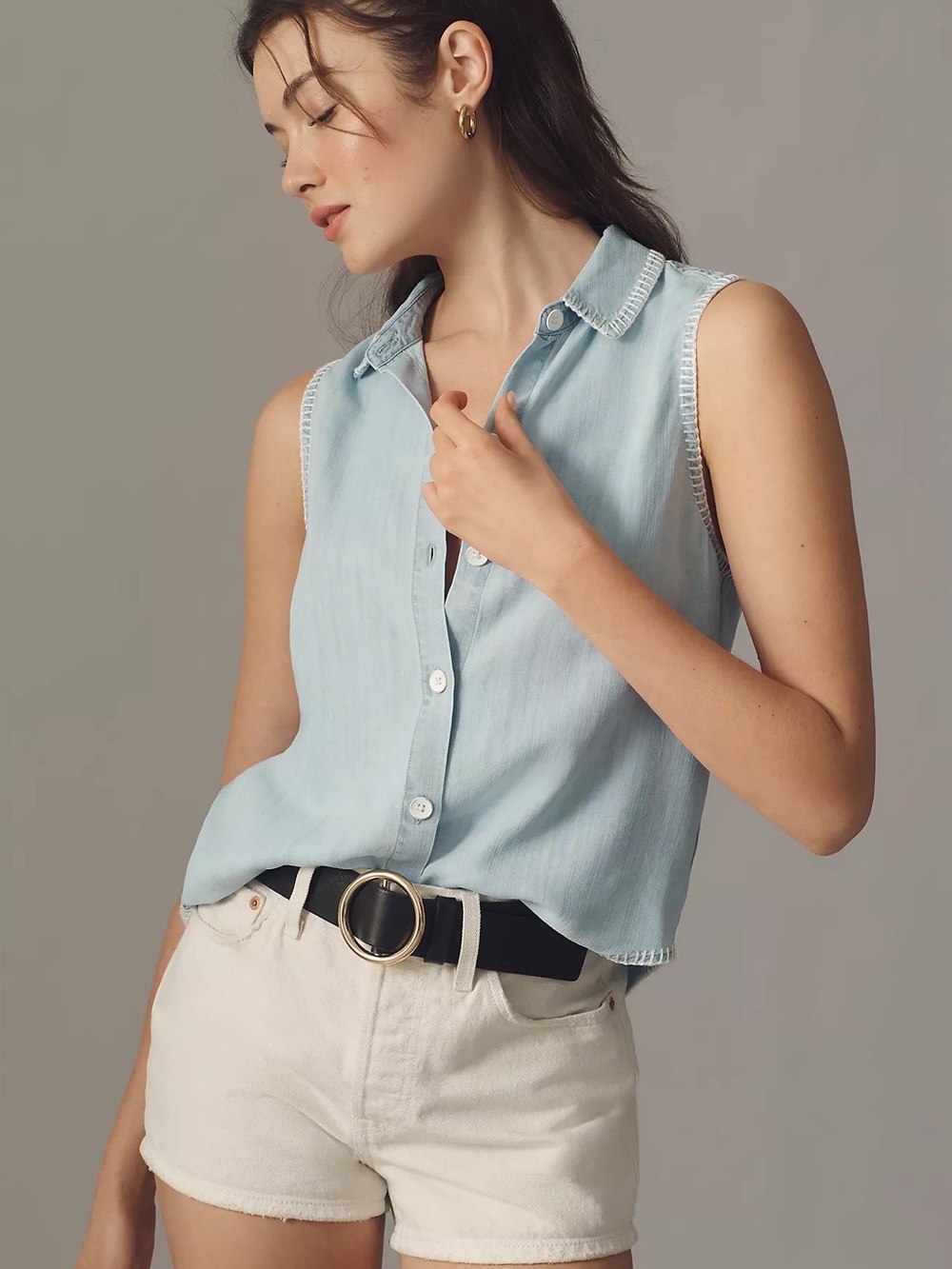 Anthropologie Cloth & Stone Sleeveless Blanket Stitch Blouse Light Blue Chambray
